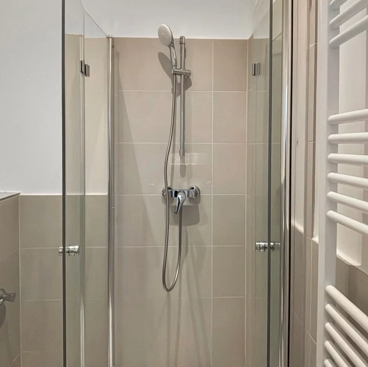 Innenansicht der Dusche mit Brausestange und Einhebelarmatur
