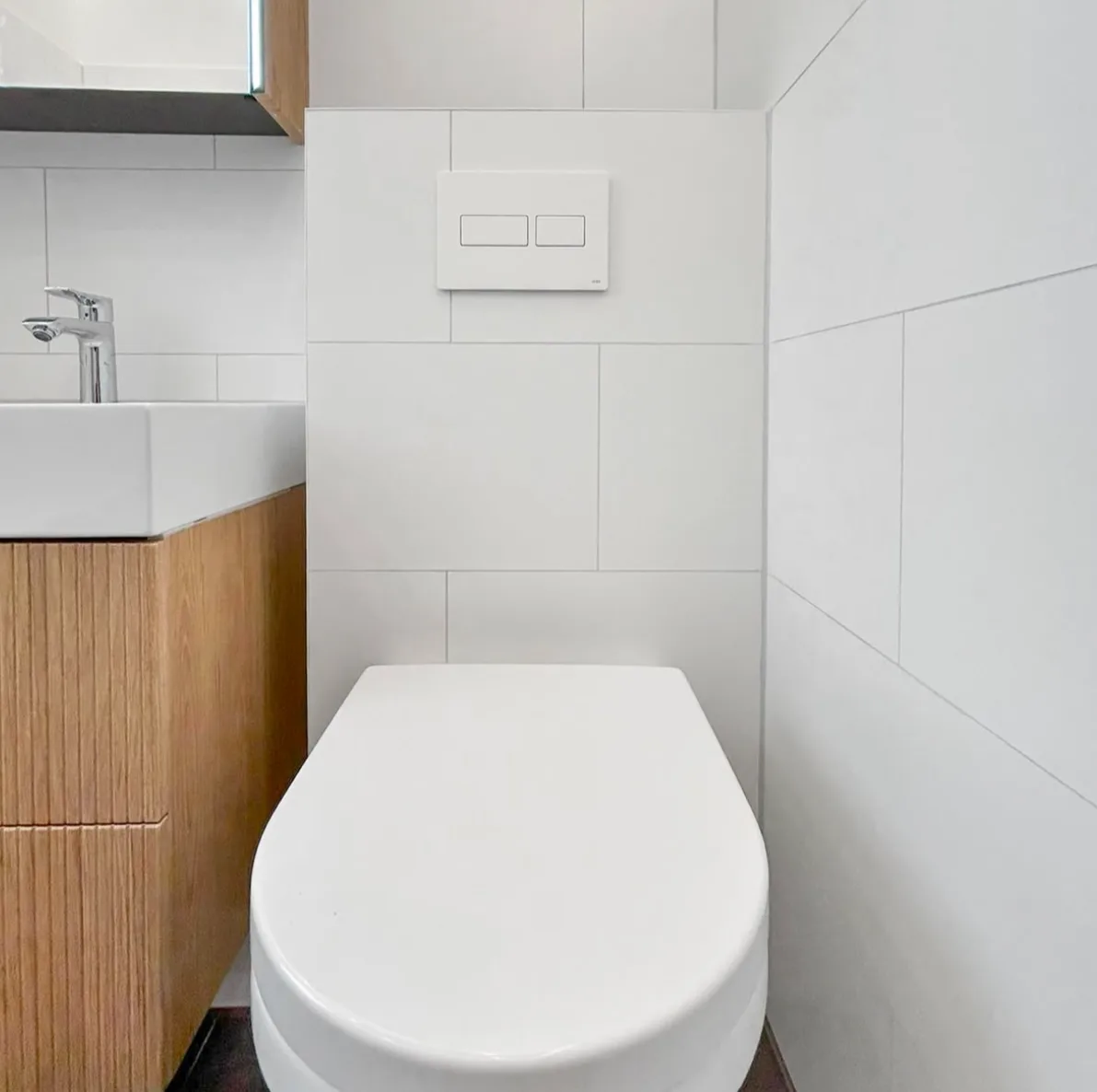 Wand-WC vor der neu erstellten Vorwandinstallation mit Betätigungsplatte