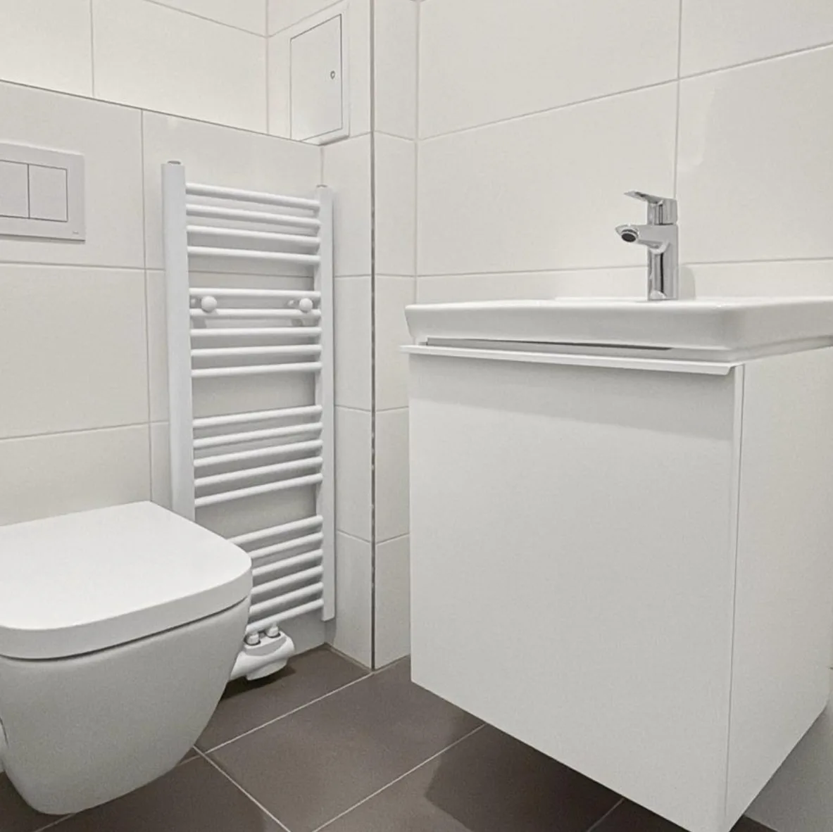 Wand-WC und Handtuchheizkörper vor weißen matten Wandfliesen
