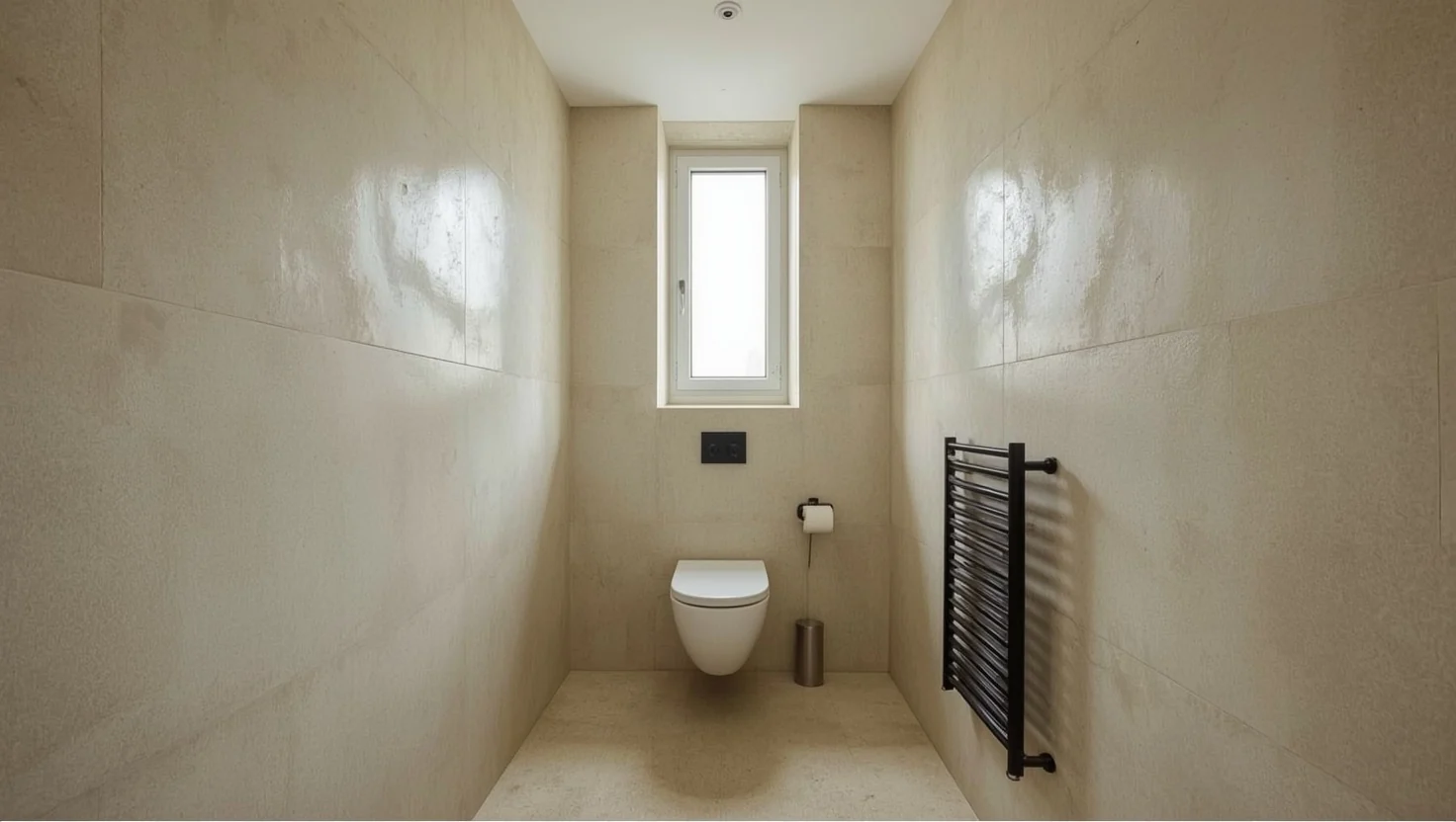 Kleines fugenloses Bad mit bodengleicher Dusche in einer Berliner Altbauwohnung